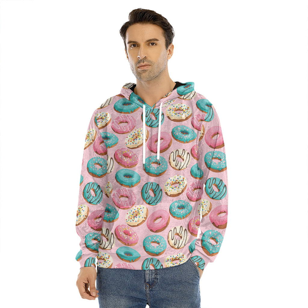 Cute Donut Pattern Print Men's Velvet Pullover Hoodie