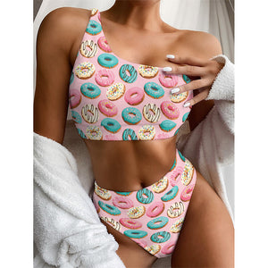 Cute Donut Pattern Print One Shoulder Bikini Top