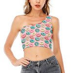 Cute Donut Pattern Print One Shoulder Crop Top