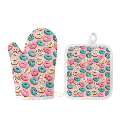 Cute Donut Pattern Print Oven Mitt And Pot Holder Set