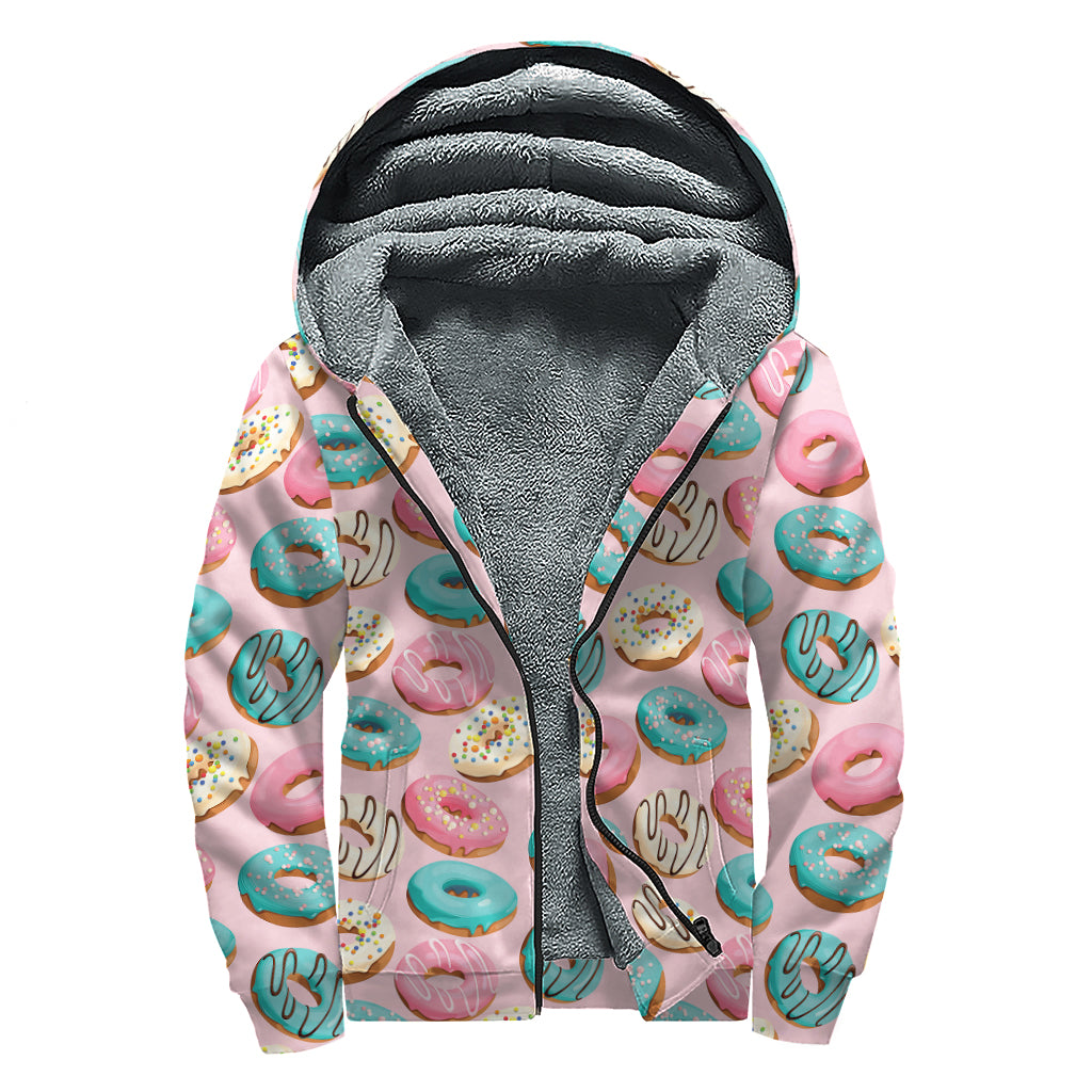 Cute Donut Pattern Print Sherpa Lined Zip Up Hoodie