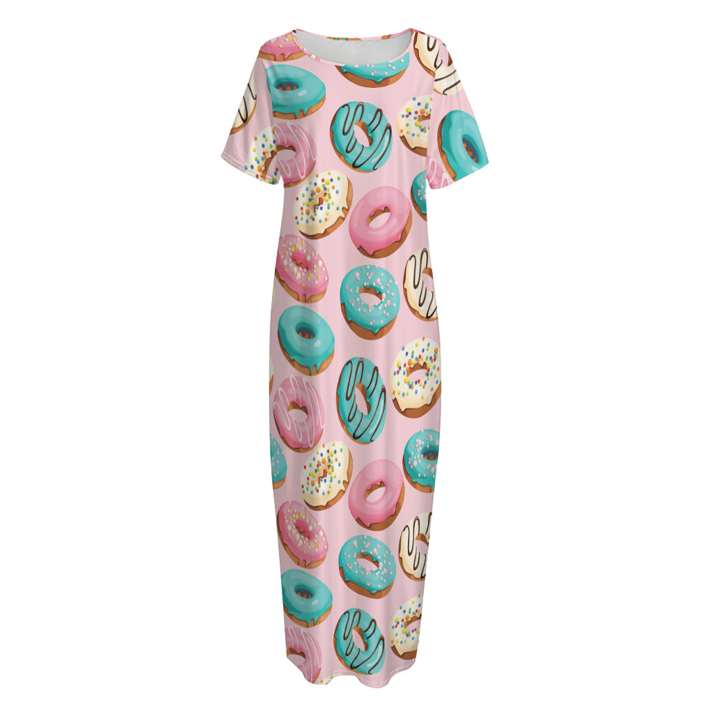 Cute Donut Pattern Print Short Sleeve Long Nightdress