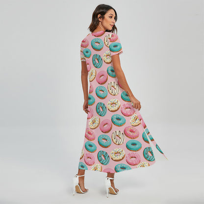 Cute Donut Pattern Print Short Sleeve Maxi Dress