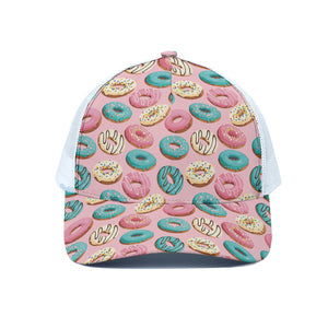 Cute Donut Pattern Print White Mesh Trucker Cap