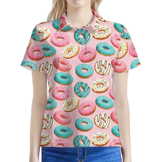 Cute Donut Pattern Print Women's Polo Shirt