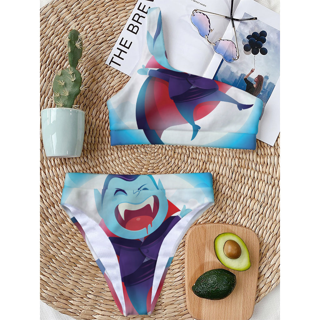 Cute Dracula Print One Shoulder Bikini Top