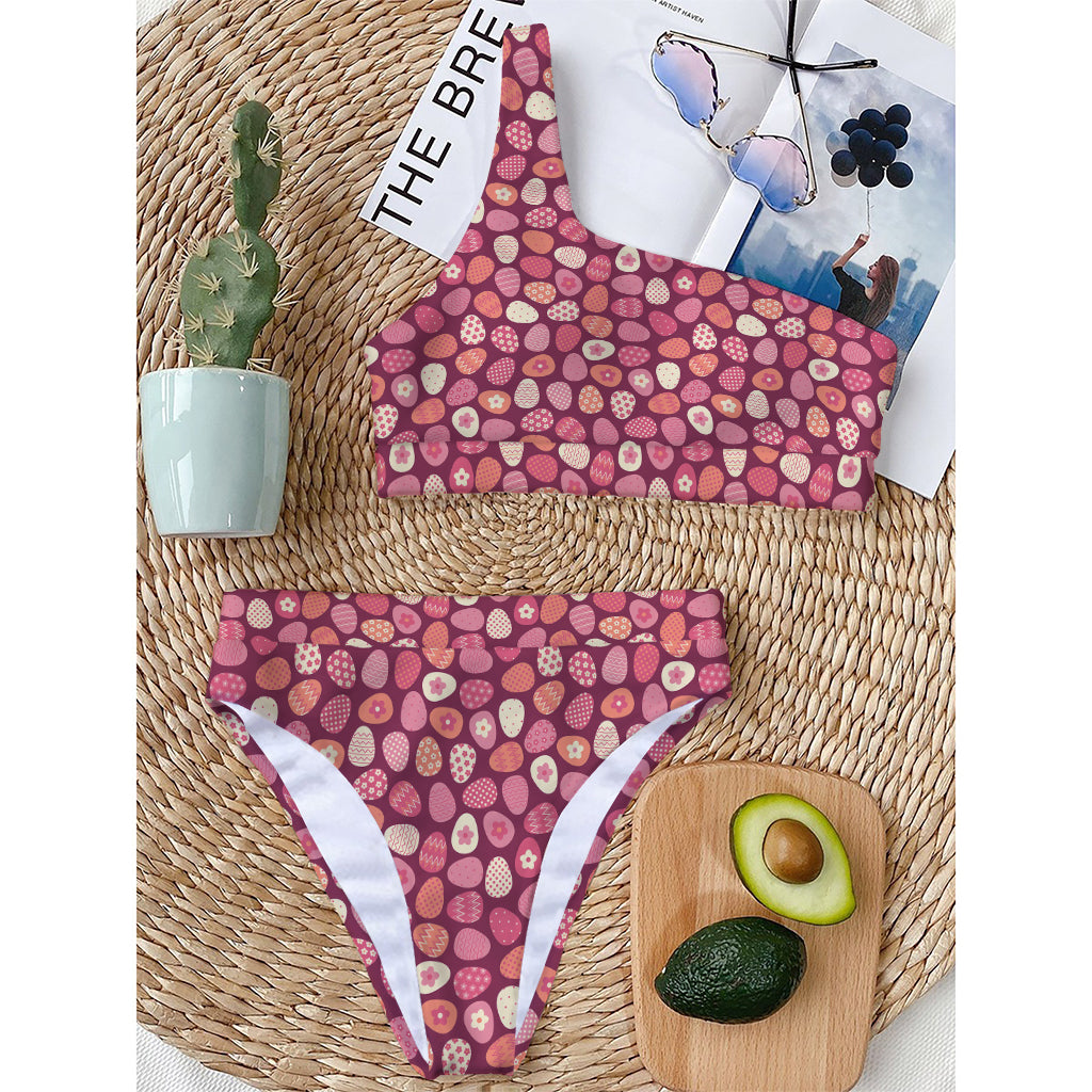 Cute Easter Eggs Pattern Print One Shoulder Bikini Top