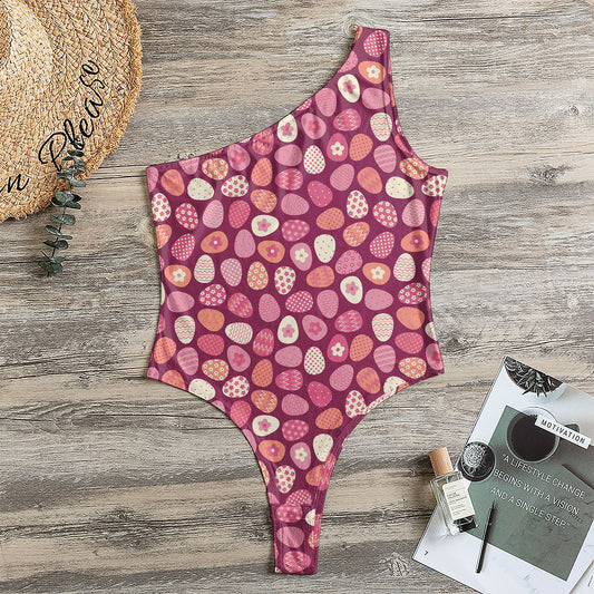 Cute Easter Eggs Pattern Print One Shoulder Bodysuit