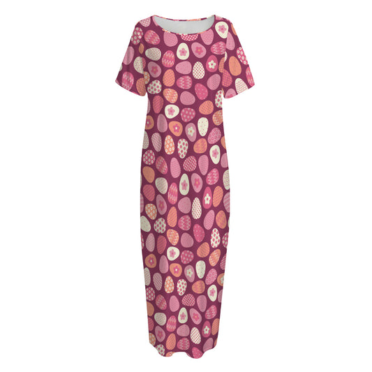 Cute Easter Eggs Pattern Print Short Sleeve Long Nightdress