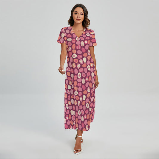 Cute Easter Eggs Pattern Print Short Sleeve Maxi Dress