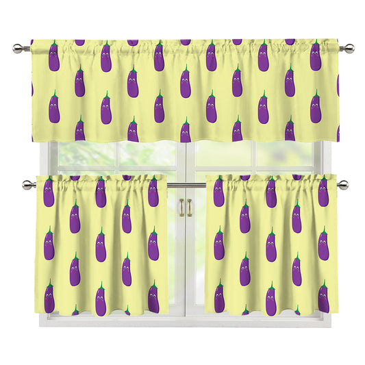 Cute Eggplant Pattern Print 3 Piece Kitchen Curtains