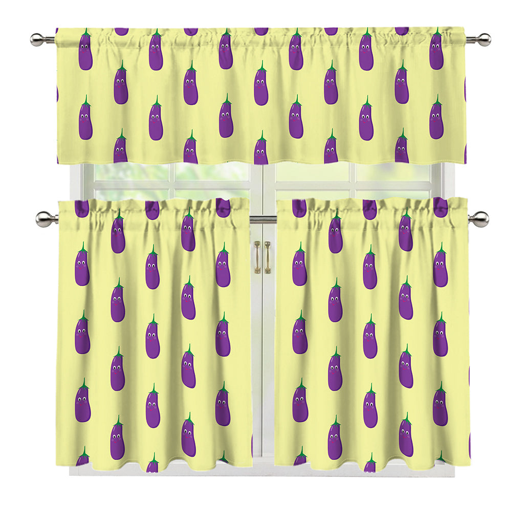 Cute Eggplant Pattern Print 3 Piece Kitchen Curtains