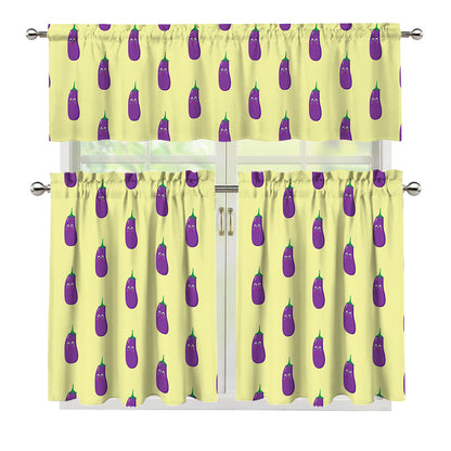 Cute Eggplant Pattern Print 3 Piece Kitchen Curtains