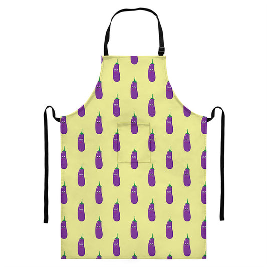 Cute Eggplant Pattern Print Bib Apron With Pocket