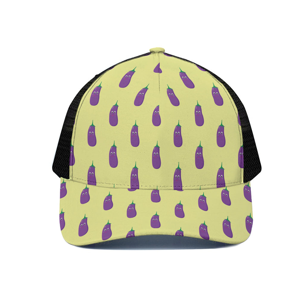 Cute Eggplant Pattern Print Black Mesh Trucker Cap