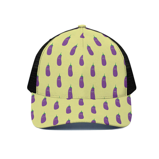 Cute Eggplant Pattern Print Black Mesh Trucker Cap