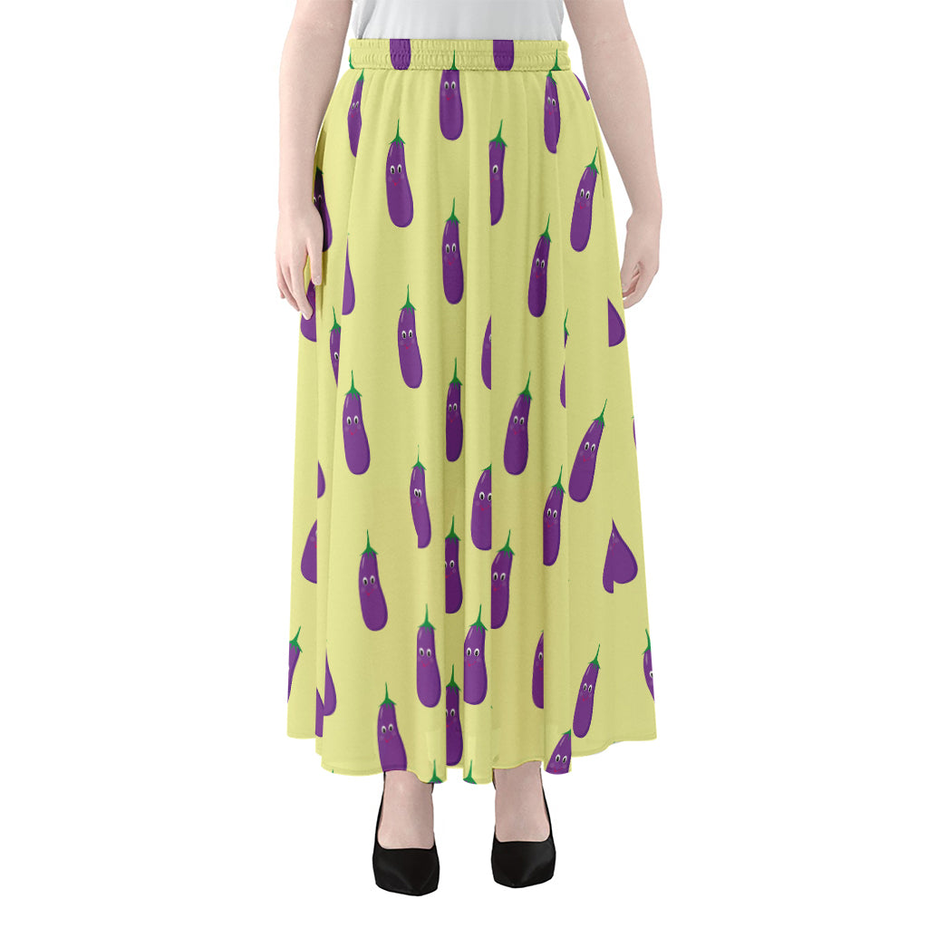 Cute Eggplant Pattern Print Chiffon Maxi Skirt