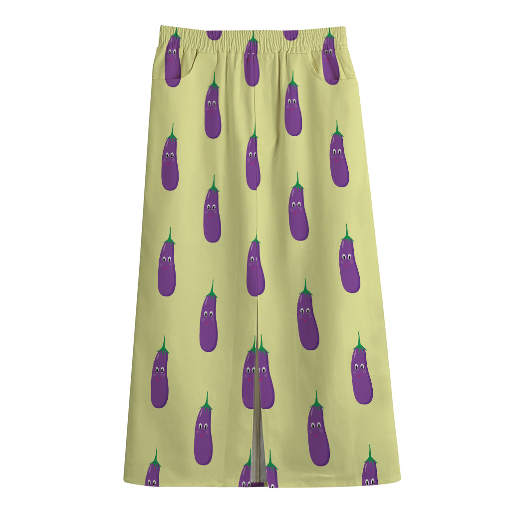 Cute Eggplant Pattern Print Cotton Front Slit Maxi Skirt