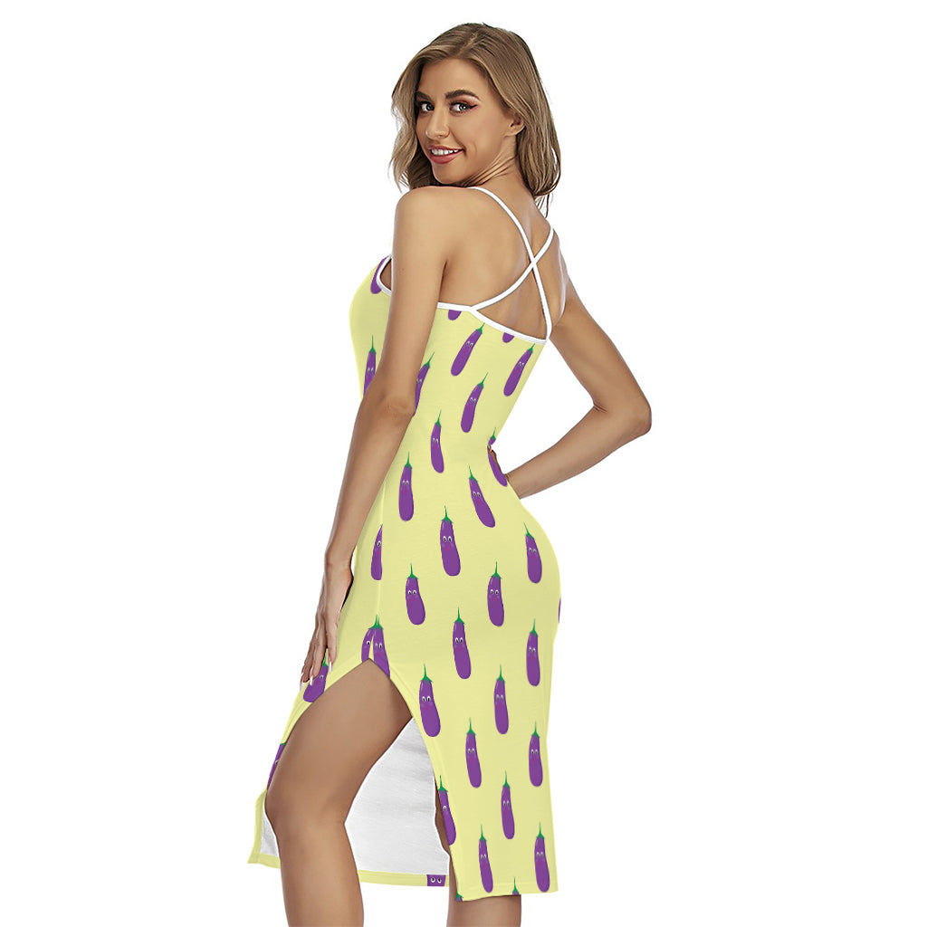 Cute Eggplant Pattern Print Cross Back Cami Dress