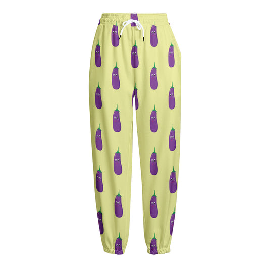Cute Eggplant Pattern Print Fleece Lined Knit Pants