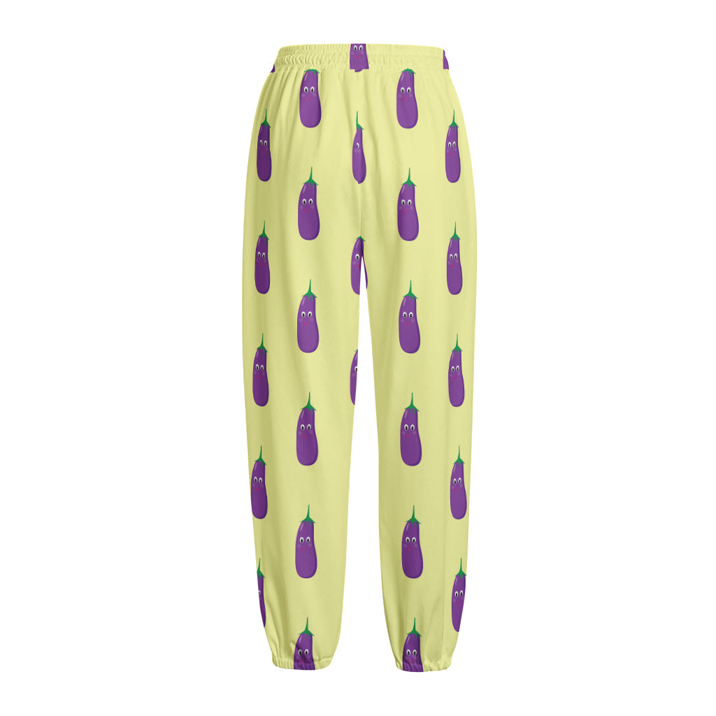 Cute Eggplant Pattern Print Fleece Lined Knit Pants