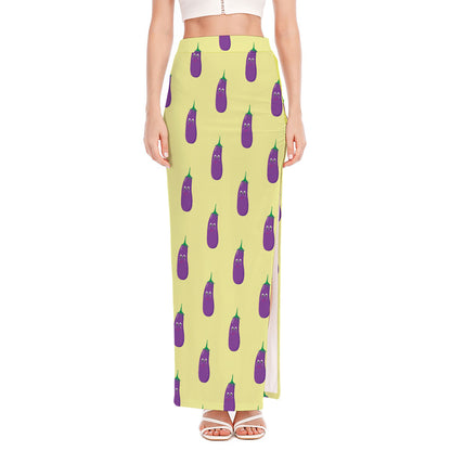 Cute Eggplant Pattern Print High Slit Maxi Skirt