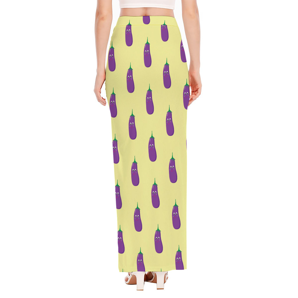 Cute Eggplant Pattern Print High Slit Maxi Skirt