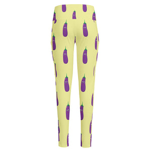 Cute Eggplant Pattern Print High-Waisted Pocket Leggings