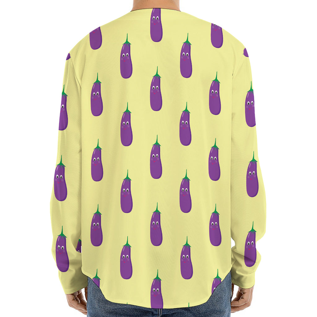 Cute Eggplant Pattern Print Long Sleeve Baseball Jersey