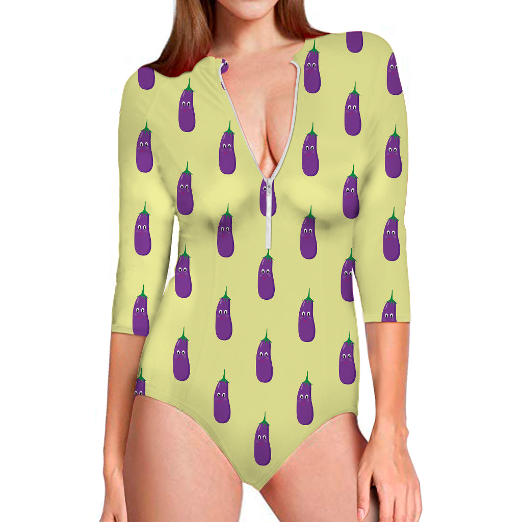 Cute Eggplant Pattern Print Long Sleeve Swimsuit