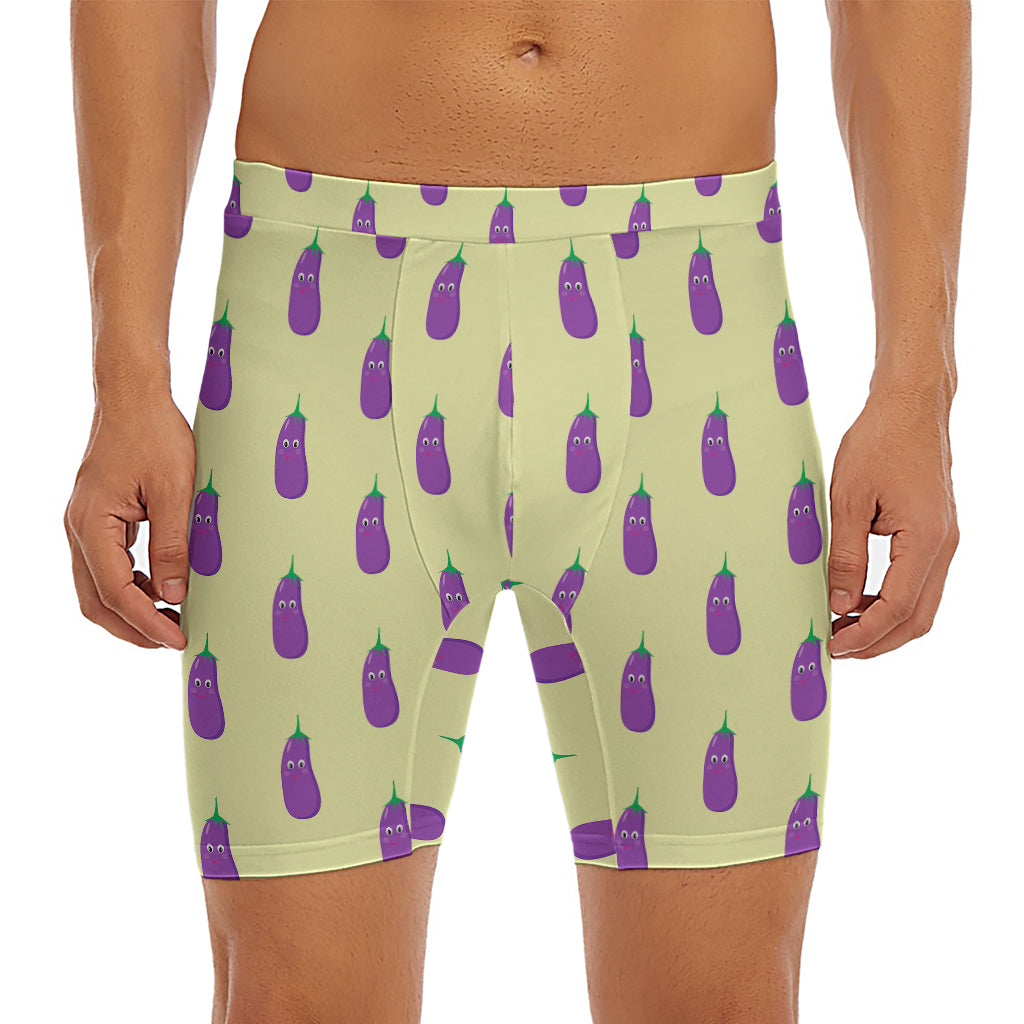 Cute Eggplant Pattern Print Men's Long Boxer Briefs