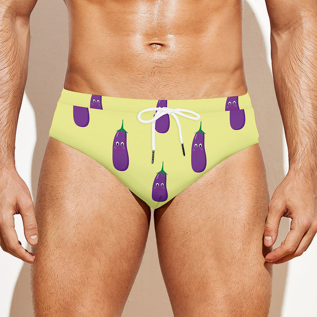 Cute Eggplant Pattern Print Men's Swim Briefs