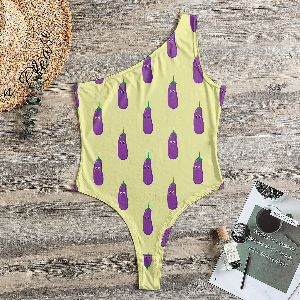 Cute Eggplant Pattern Print One Shoulder Bodysuit