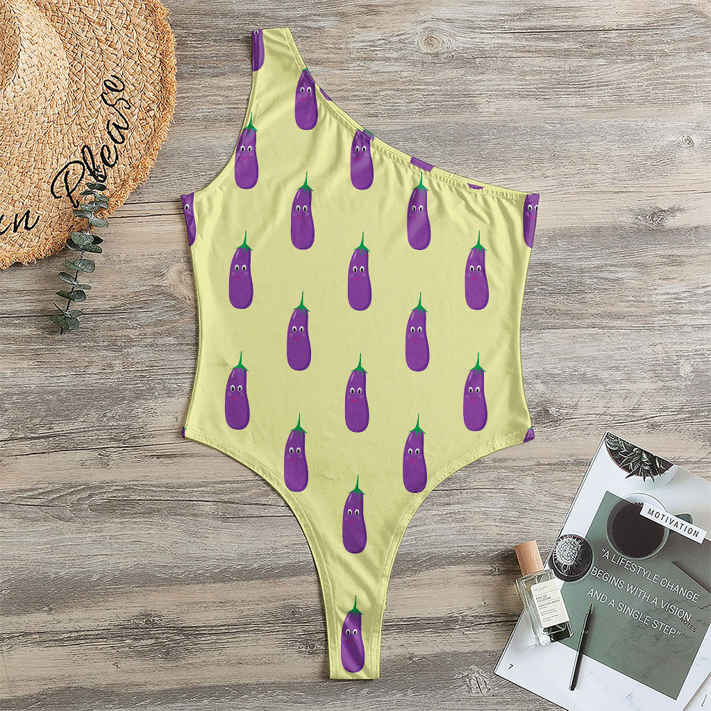 Cute Eggplant Pattern Print One Shoulder Bodysuit