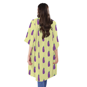 Cute Eggplant Pattern Print Open Front Beach Cover Up