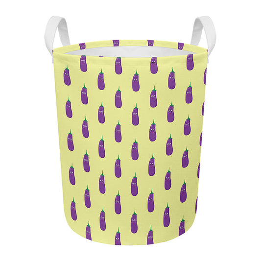 Cute Eggplant Pattern Print Round Laundry Basket