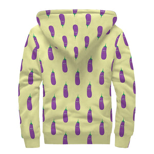 Cute Eggplant Pattern Print Sherpa Lined Zip Up Hoodie