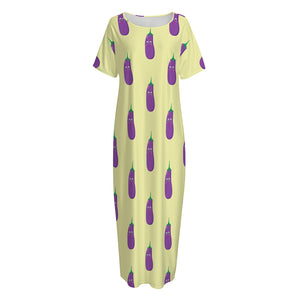 Cute Eggplant Pattern Print Short Sleeve Long Nightdress