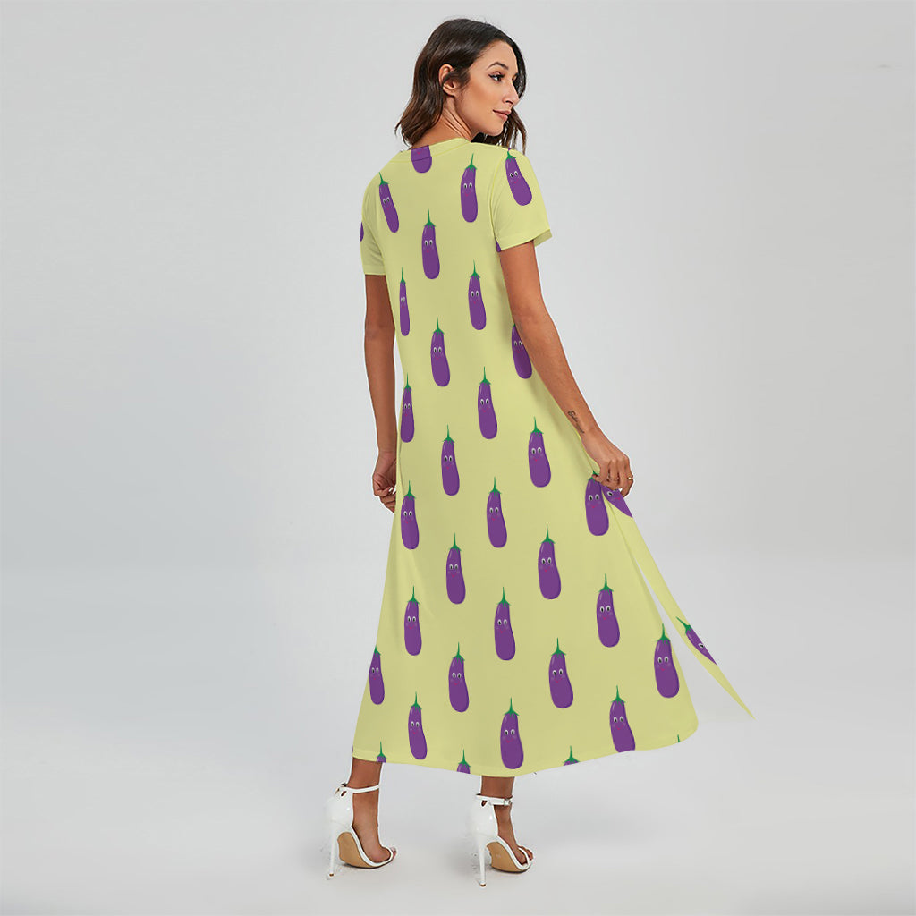 Cute Eggplant Pattern Print Short Sleeve Maxi Dress