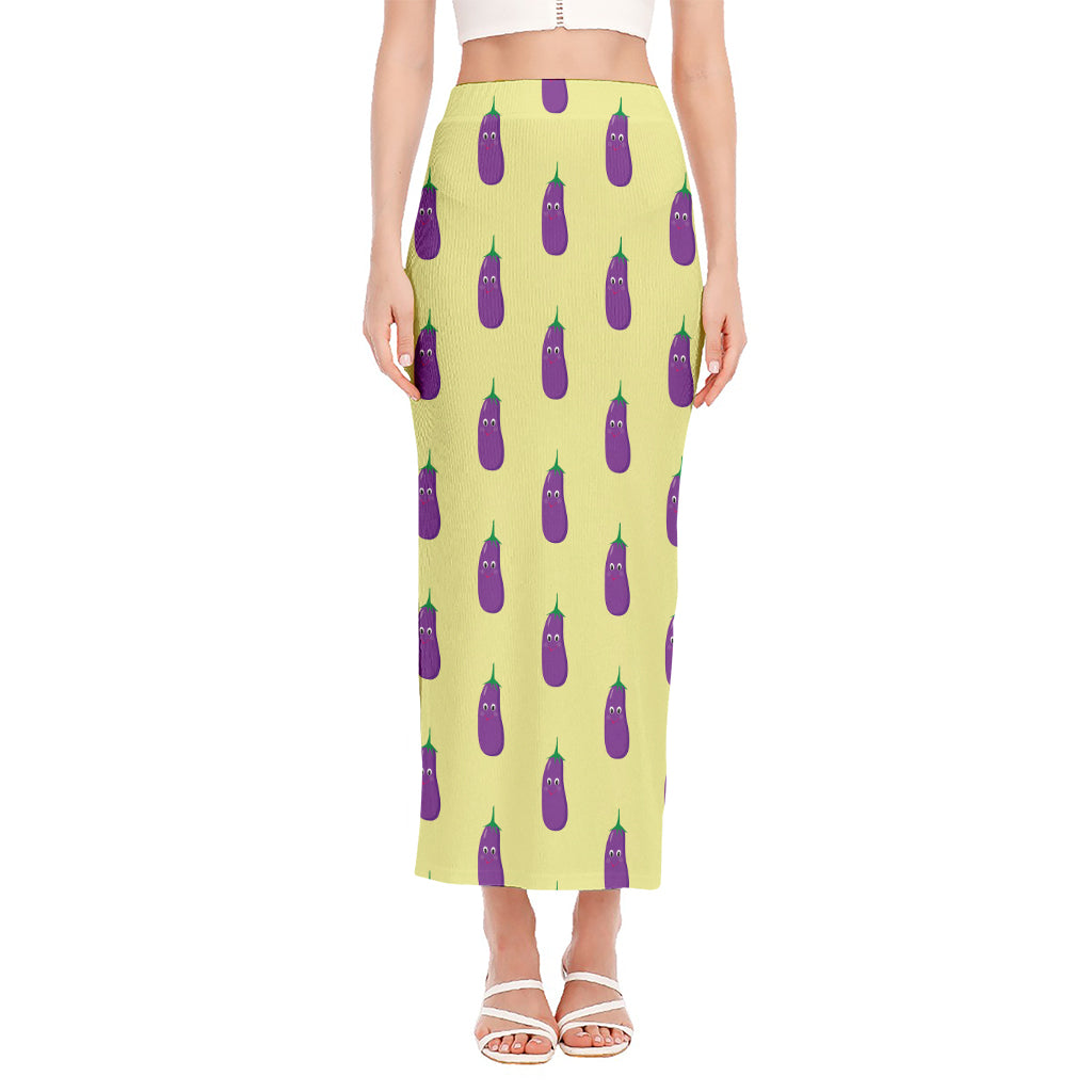 Cute Eggplant Pattern Print Side Slit Maxi Skirt