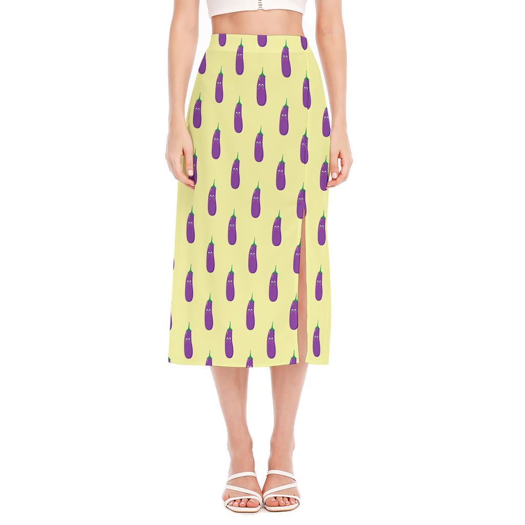 Cute Eggplant Pattern Print Side Slit Midi Skirt