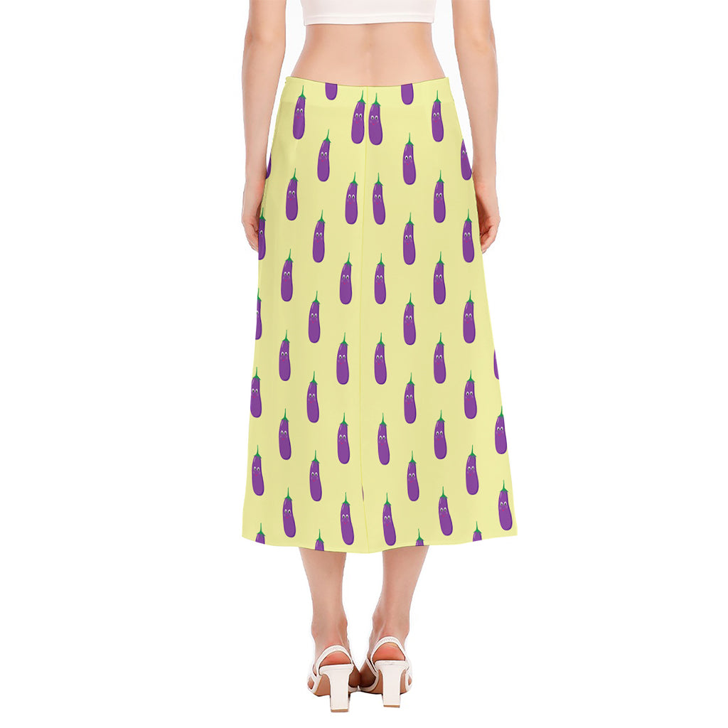 Cute Eggplant Pattern Print Side Slit Midi Skirt