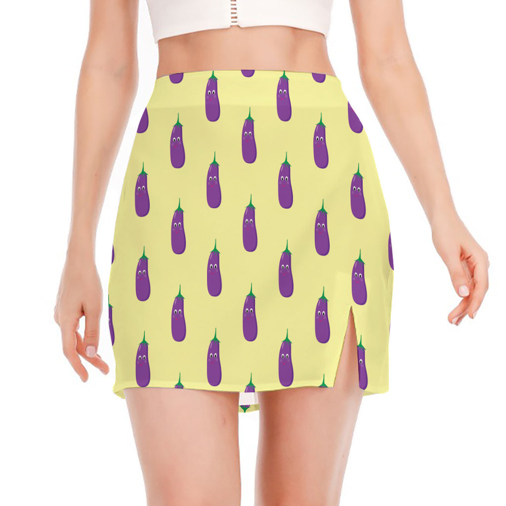 Cute Eggplant Pattern Print Side Slit Mini Skirt