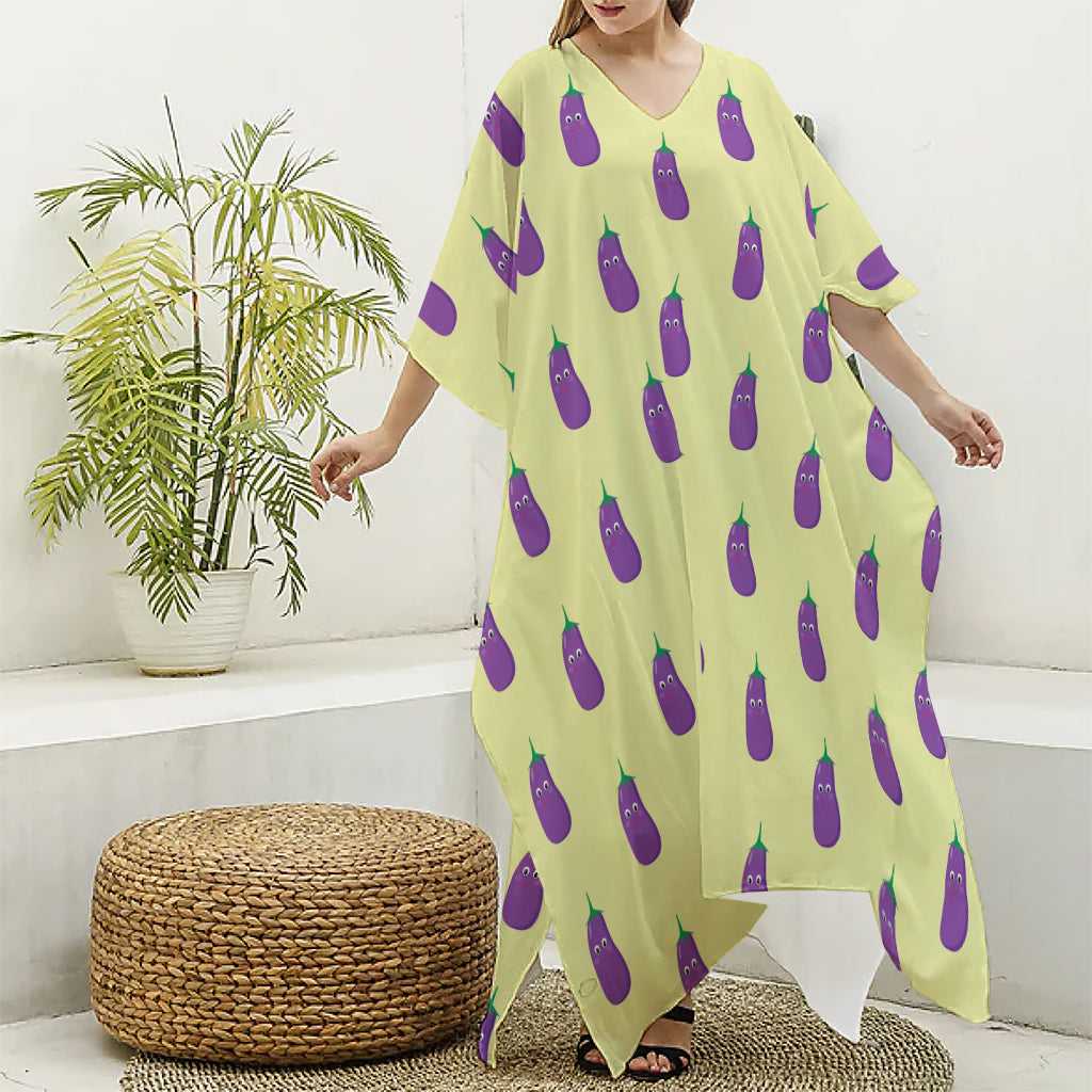 Cute Eggplant Pattern Print Silk V-Neck Kaftan Dress