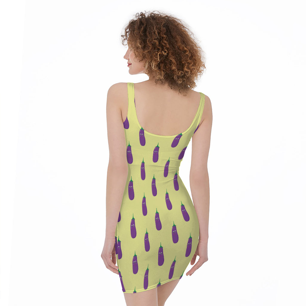 Cute Eggplant Pattern Print Sleeveless Bodycon Dress