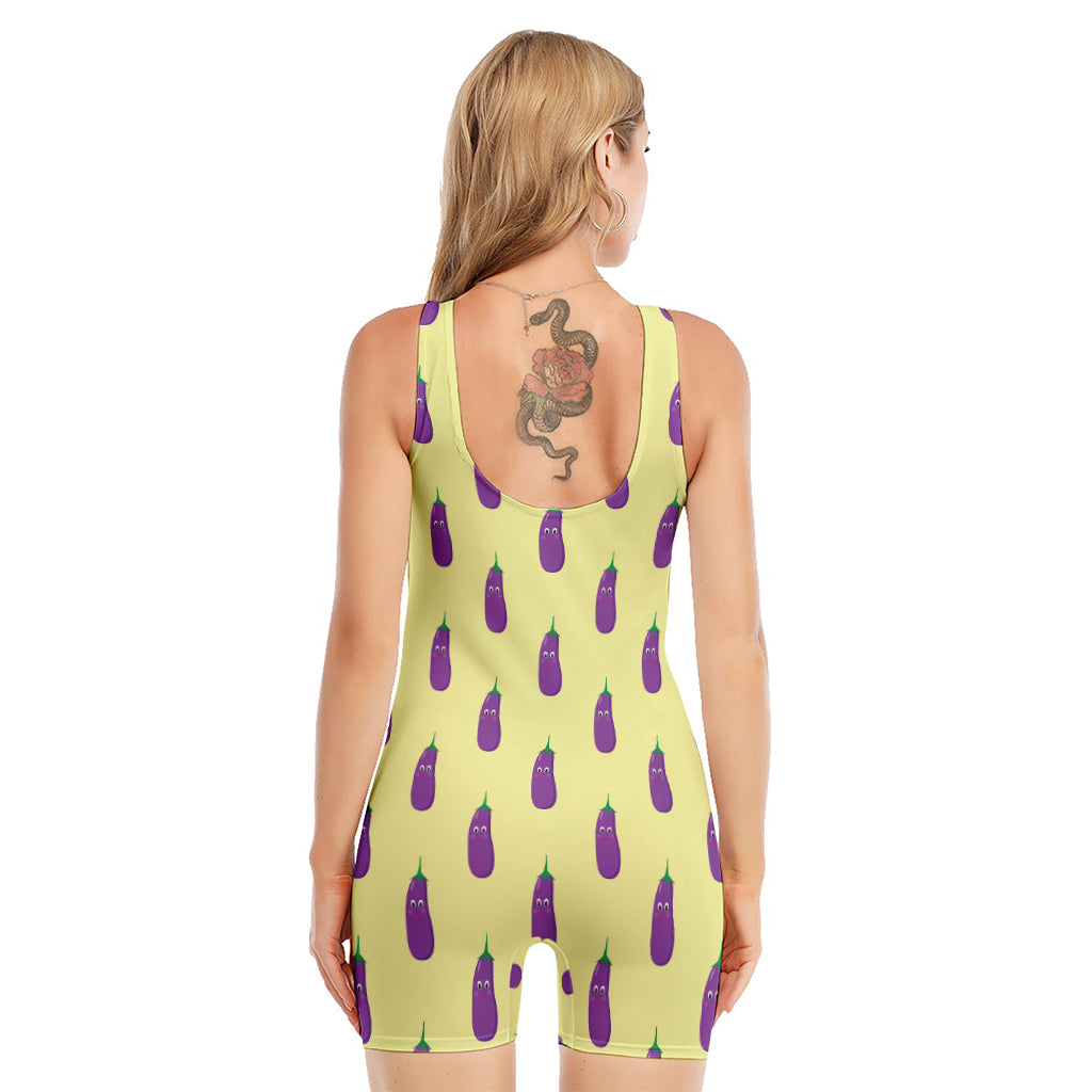 Cute Eggplant Pattern Print Sleeveless One Piece Swimsuit