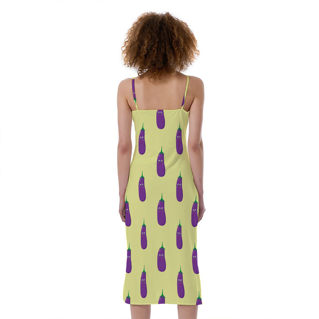 Cute Eggplant Pattern Print Slim Fit Midi Cami Dress