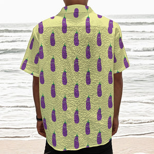 Cute Eggplant Pattern Print Textured Short Sleeve Shirt