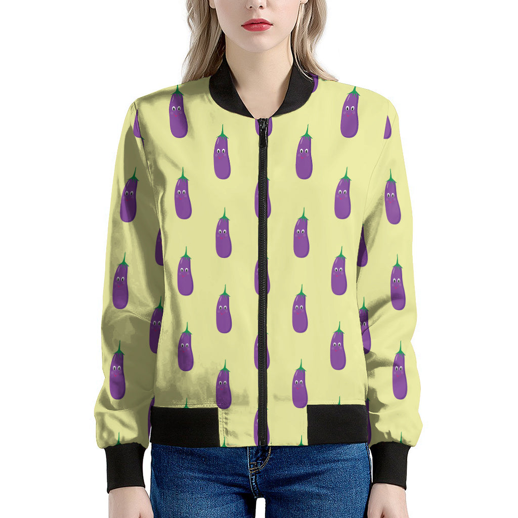 Cute Eggplant Pattern Print Women's Bomber Jacket