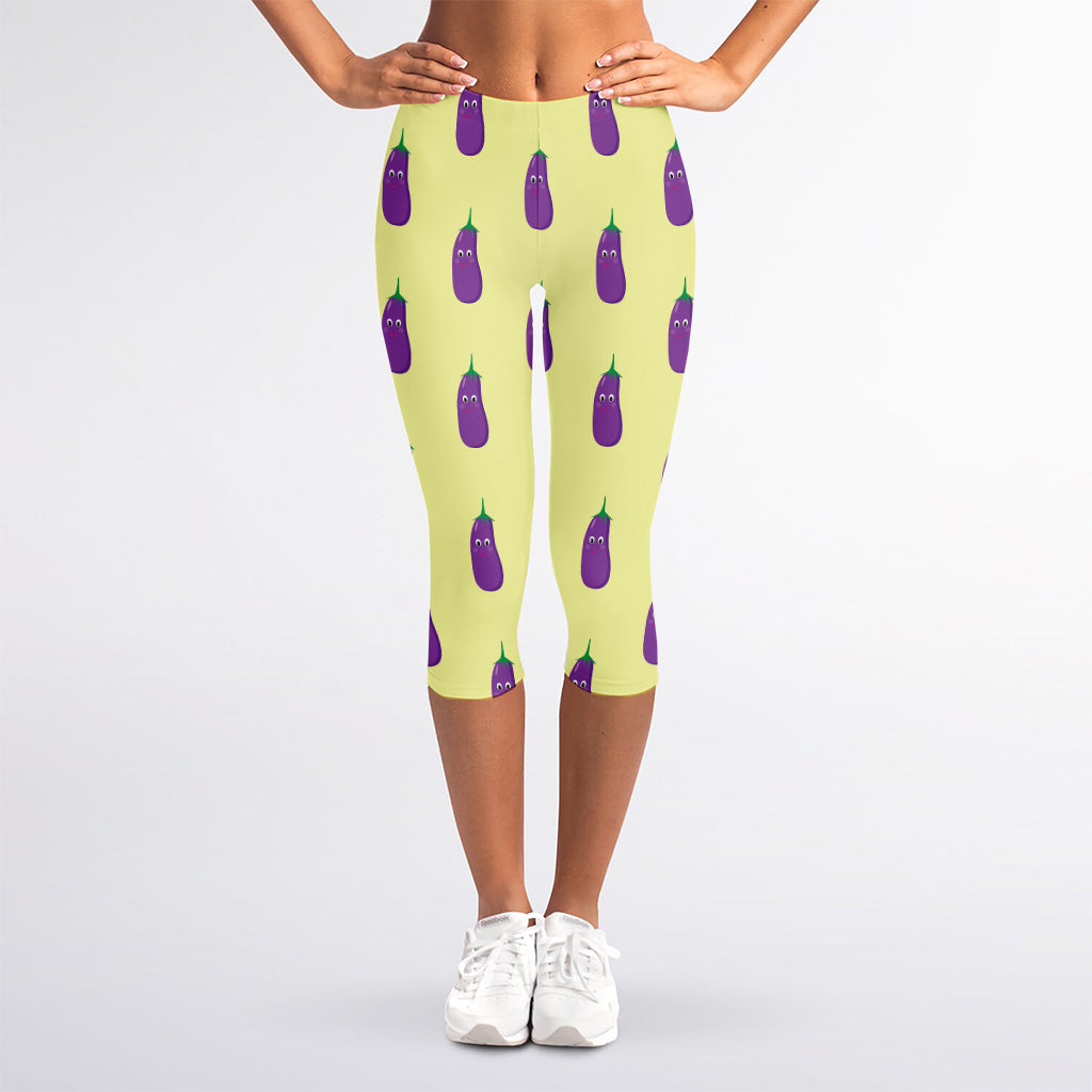 Cute Eggplant Pattern Print Women's Capri Leggings